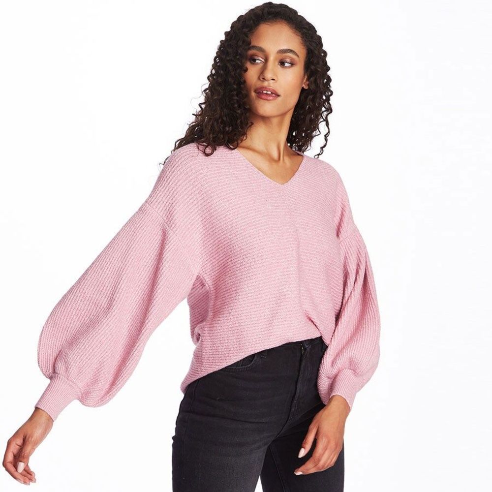 1.STATE V-Neck Bubble-Sleeve Sweater Pink XL